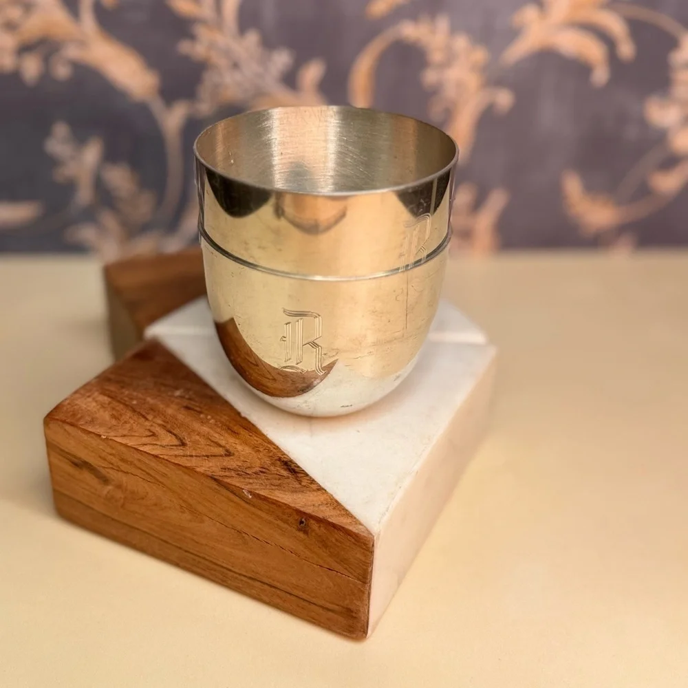 Vintage Estate Pair of Stieiff Pewter Jefferson Cups Engraved with R
